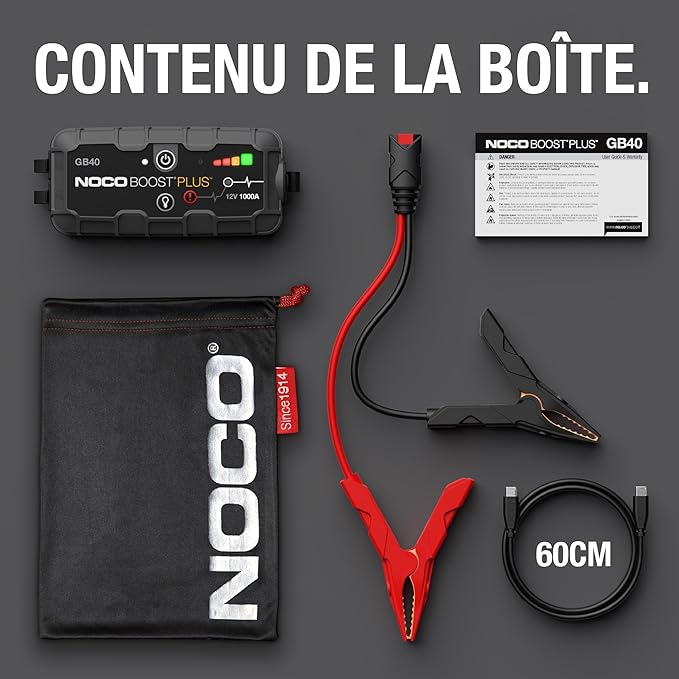 NOCO Boost Plus GB40 1000A 12V Booster Batterie Voiture Lithium UltraSafe, Chargeur Batterie Portable USB et Câbles de Démarrage pour Moteurs à Essence Jusqu'à 6,0L et Moteurs Diesel Jusqu'à 3,0L